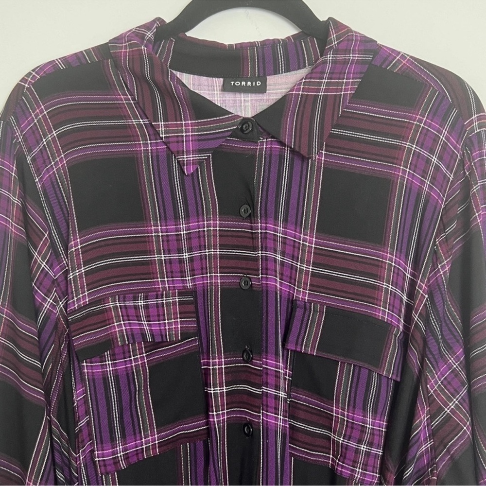 TORRID: Purple Plaid Mini Challis Button-Front Shirt Dress - Picture 4 of 10